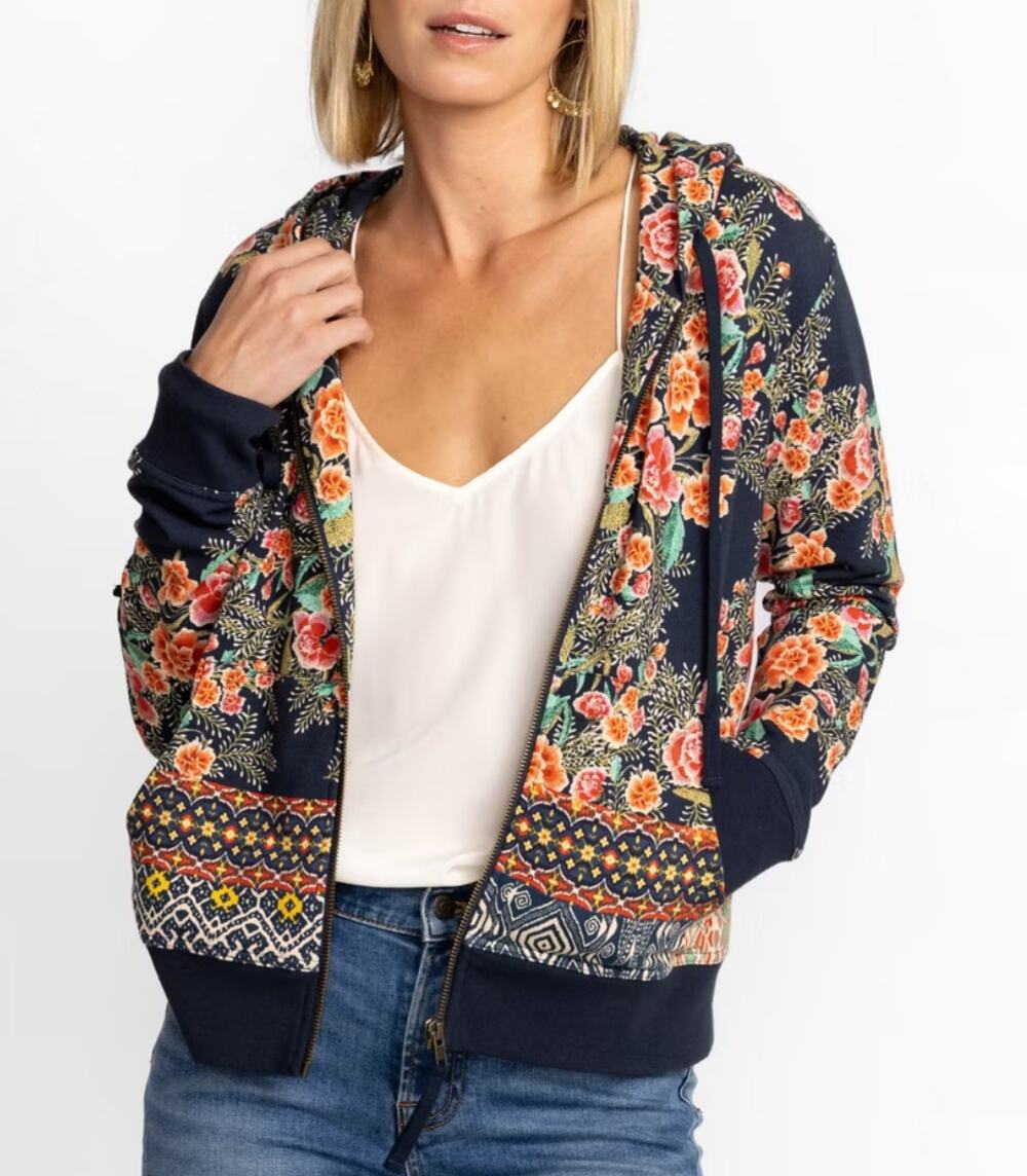 Johnny Was Aztec Flower Modern Zip Up Hoodie Jacket Medium Floral Cotton